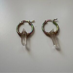 Gold Iridescent Wire Wrapped Crystal Quartz Hoop Earrings